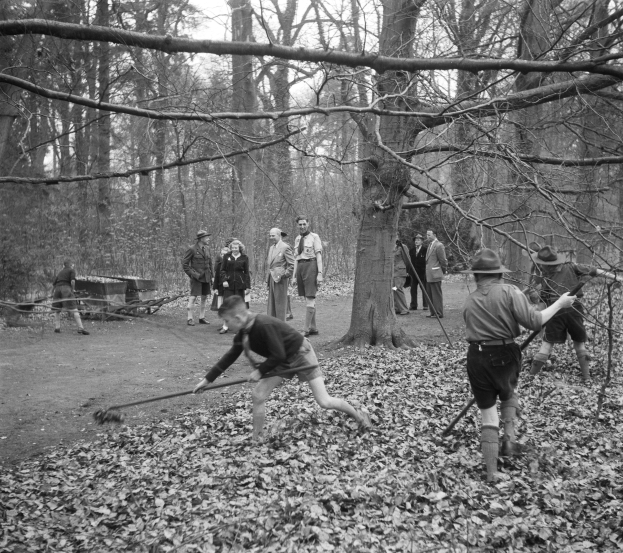 Schwarz-weiß-Foto einer Gruppe von Menschen, die mit Stöcken in einem bewaldeten Gebiet mit abgefallenen Blättern spielen.