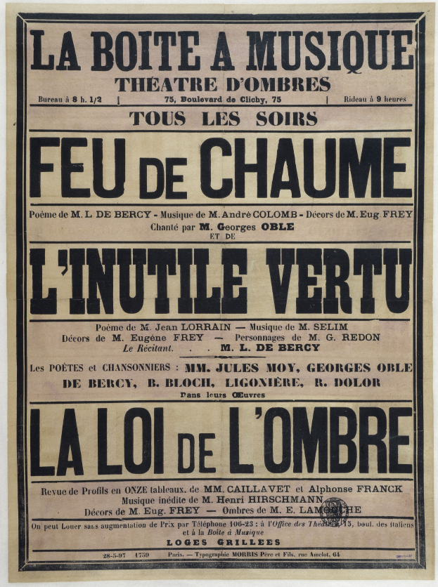 Schwarze und weiße Zeitungsanzeige für ein Pariser Musiktheater, die dessen Angebote beschreibt.