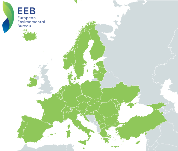 Karte von Europa mit dem Logo des Europäischen Umweltbüros in der linken oberen Ecke, die in verschiedenen Grüntönen schattiert ist, um die EU-Regionen anzuzeigen.