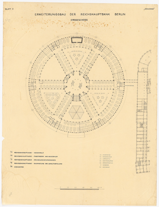 Ein detaillierter architektonischer Entwurf des kreisförmigen Reichshauptbank-Gebäudes in Berlin, Deutschland, mit zahlreichen Fenstern und einem Layout-Plan auf Papier mit begleitendem Text.