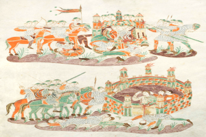 Eine mittelalterliche Handschriftenseite, die eine Kampfszene mit berittenen Männern mit Schwertern und Schilden, eine Burg im Hintergrund und einen tiefblauen Himmel zeigt.