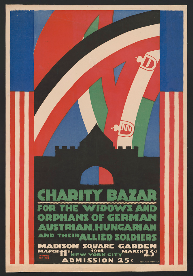 Ein Plakat für einen Wohltätigkeitsbasar zugunsten der Witwen und Waisen deutscher, australischer, ungarischer und alliierter Soldaten, mit Text zur Ereignisinformation.