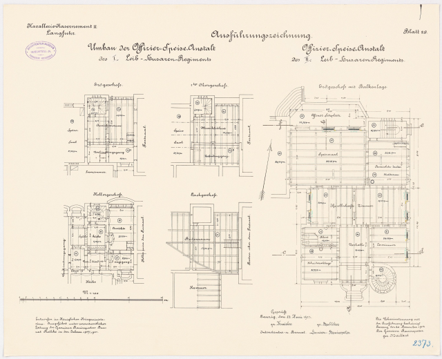 Schwarz-weißer Architekturgrundriss des ehemaligen Bundeskanzleramts, zeigt detaillierte Layout und Textanmerkungen.