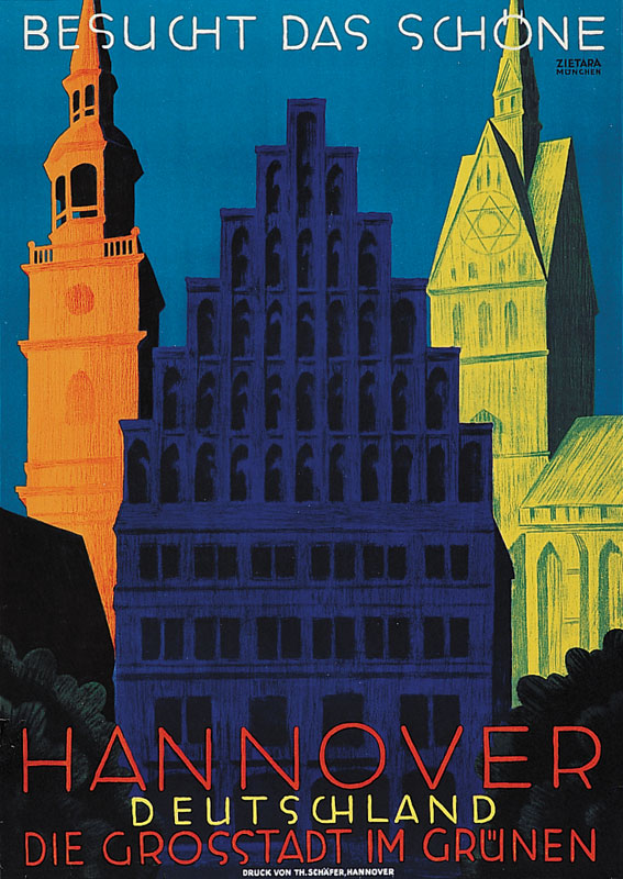 Ein Plakat, das Hannover, Deutschland bewirbt und ein paar Gebäude, Bäume und Text zeigt.