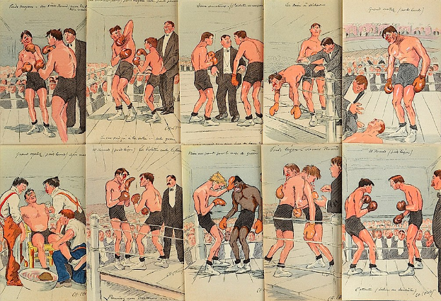 Buchumschlag mit einer Boxkampf-Illustration, die mehrere Kämpfer in Handschuhen zeigt, die innerhalb eines Rings aufeinander einschlagen, umgeben von einer Menge, mit Text, der ein kampfbezogenes Thema suggeriert.