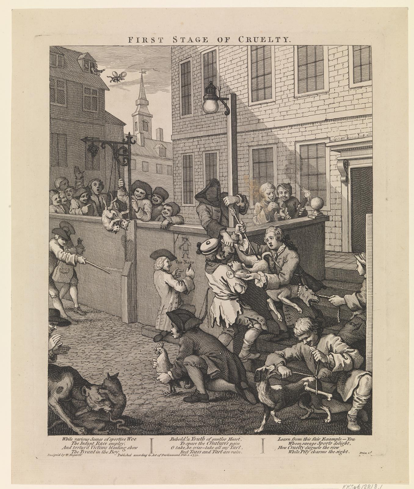 Eine Gruppe von Menschen und Tieren versammelt sich vor einem Gebäude mit Fenstern und einer Straßenlaterne, mit dem Text 'Erste Stufe der Grausamkeit' unten.