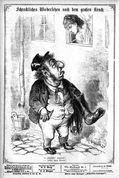 Karikatur eines Mannes mit Zylinder und einer Frau in einem Kleid mit einer Wand, einem Fenster, einem Eimer und anderen Gegenständen im Hintergrund, mit Text unten, der lautet: "F. J. Singer, der erste deutsche Politiker, der in den Kongress gewählt wurde".