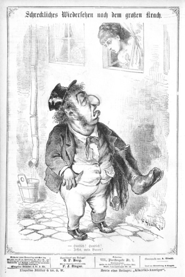 Karikatur eines Mannes mit Zylinder und einer Frau in einem Kleid mit einer Wand, einem Fenster, einem Eimer und anderen Gegenständen im Hintergrund, mit Text unten, der lautet: "F. J. Singer, der erste deutsche Politiker, der in den Kongress gewählt wurde".