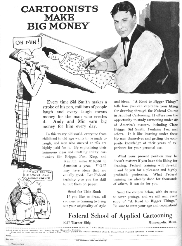 Werbung für die Bundesakademie für Angewandte Karikatur, die einen Mann im Smoking zeigt, flankiert von einer Frau in einem Kleid und einem anderen Mann, mit der Aufschrift "Karikaturisten verdienen viel Geld."