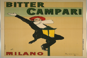 Ein Plakat an einer Wand mit einer Person in einem weißen Hemd und blauen Jeans mit einem verschmitzten Gesichtsausdruck, mit der Aufschrift "Bitter Campari Milano" in fetter schwarzer Schrift auf einem hellgelben Hintergrund.