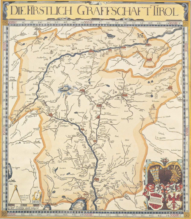 Ein detailliertes historisches Plakat der ersten deutschen Grafschaft Tirol, das eine Karte mit geografischen Merkmalen, Städten und begleitendem Text zeigt.
