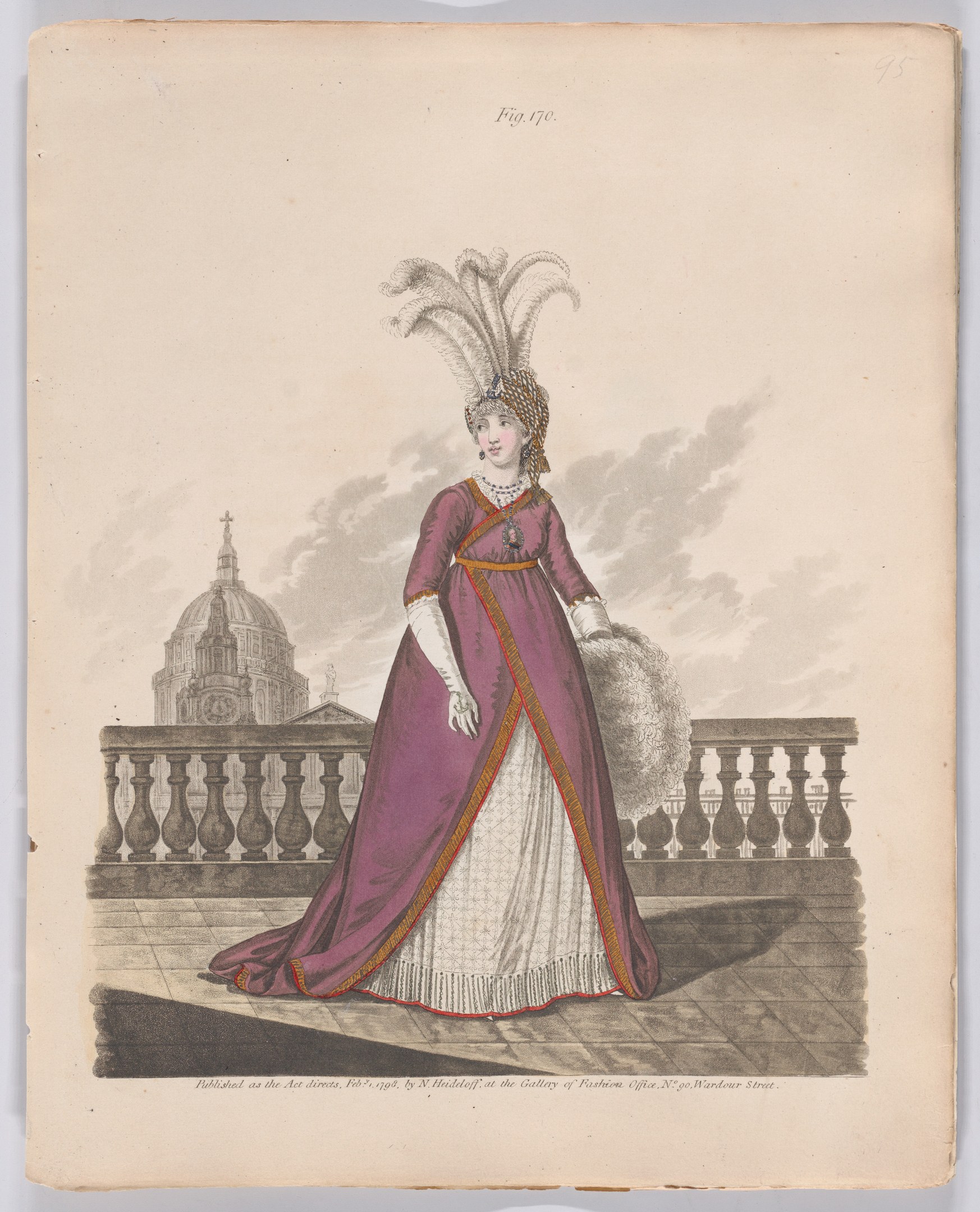 Frau in einem purpurweißen Kleid mit einer Federhaube, die an einem Geländer steht, mit einem Gebäude und Wolken im Hintergrund, beschriftet mit 'Fashion of New York, New York Street, 1790.'