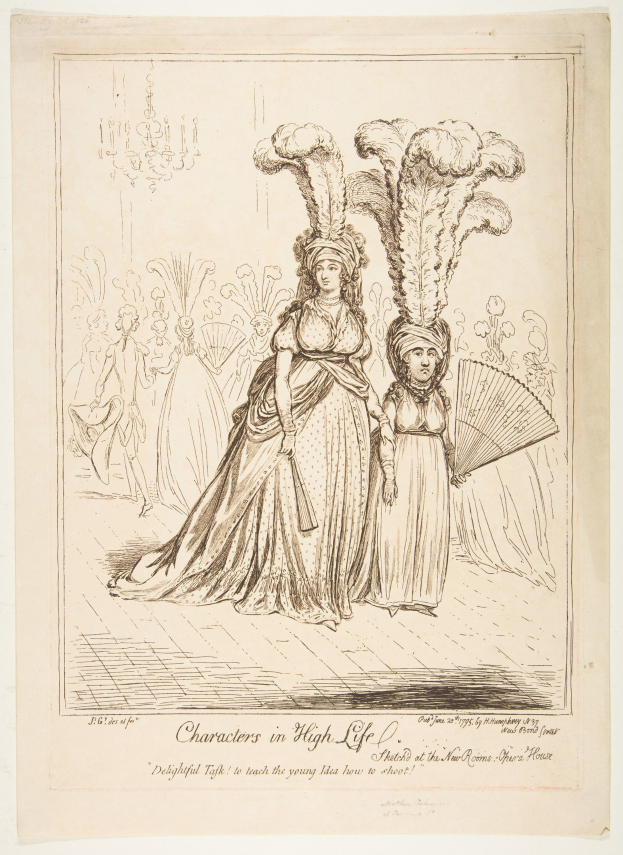 Zwei Frauen in Kleidern und Hüten stehen nebeneinander, eine hält einen Fächer in der Hand, auf einem Blatt Papier mit Text, der ihre Charaktere in der High Society beschreibt.