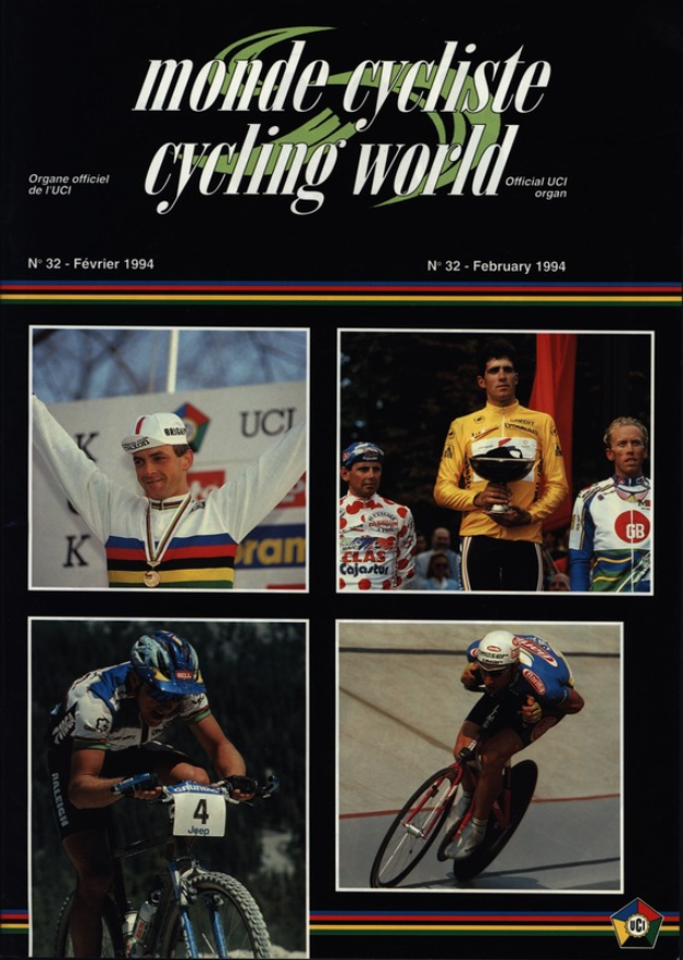 Ein Plakat der Zeitschrift Monde Cycliste Cycling World vom Februar 1994, das vier Radfahrer mit Helmen und Fahrrädern zeigt, mit dem Zeitschriftennamen oben.