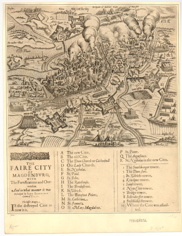 Ein detaillierter alter Stadtplan von Magdeburg, Deutschland, der Straßen, Gebäude, Sehenswürdigkeiten und begleitenden Text zeigt.