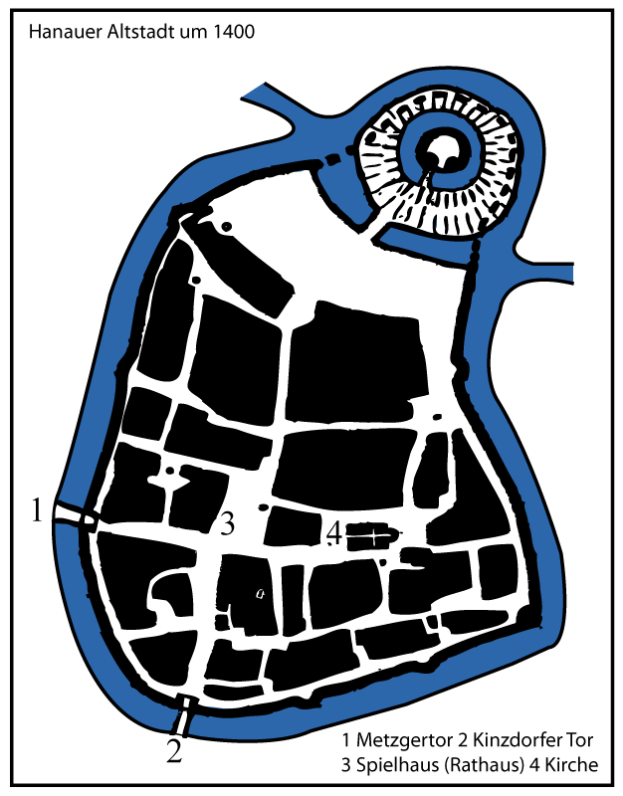 Ein detaillierter Stadtplan von Hanau, Deutschland, in einem blauen und weißen Farbschema mit Text und Zahlen, der einen umfassenden Überblick über das Gebiet bietet.