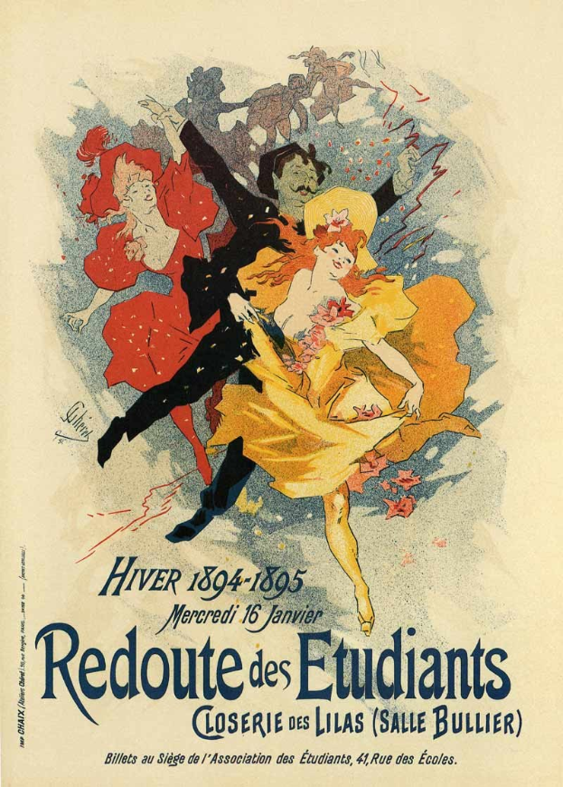 Buntes Plakat für den Redoute des Etudiants-Klassischen Tanz von 1894-1895, das eine Gruppe von Menschen beim Tanzen in einem Kreis zeigt, mit fettgedrucktem Titel darüber, Veranstaltungdetails, Künstler-Namen und Veranstaltungsdatum.