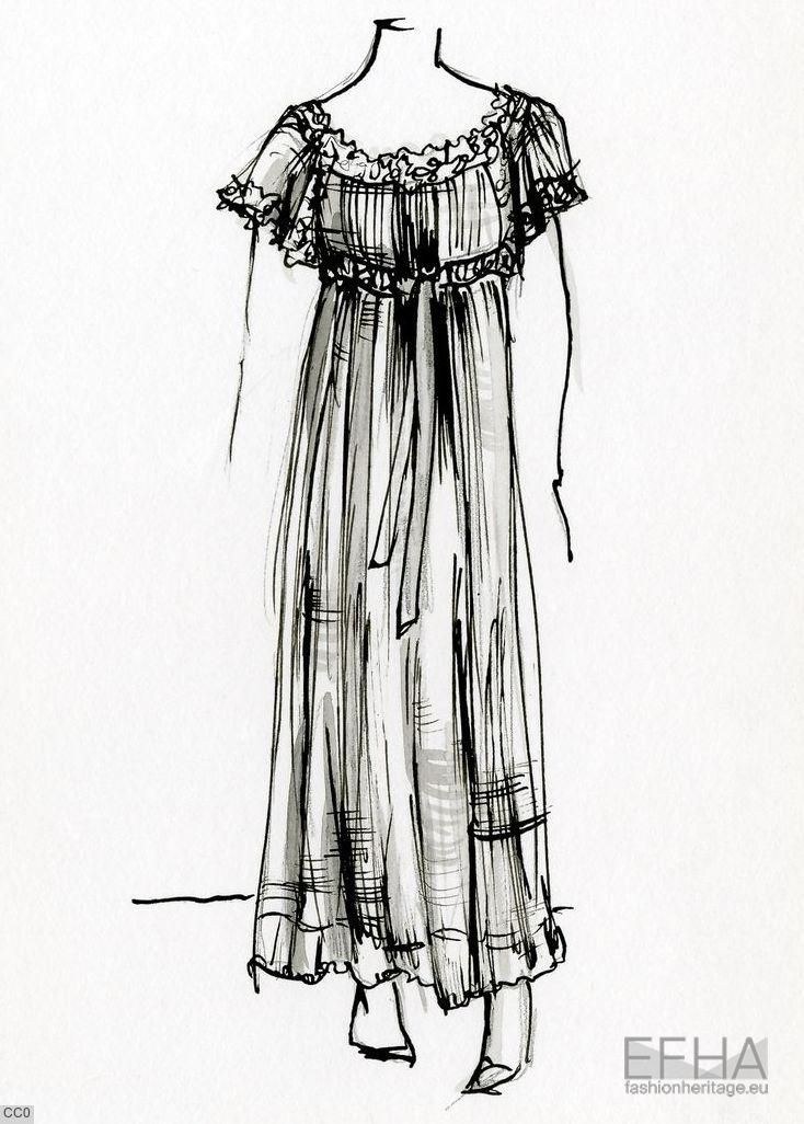 Eine detaillierte Skizze eines leichten, luftigen Kleides mit einem V-Ausschnitt, Kniehöhe und einem langen Rock auf einer Schaufensterpuppe, begleitet von auffälligem Text in der rechten unteren Ecke.