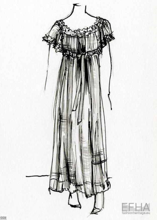 Eine detaillierte Skizze eines leichten, luftigen Kleides mit einem V-Ausschnitt, Kniehöhe und einem langen Rock auf einer Schaufensterpuppe, begleitet von auffälligem Text in der rechten unteren Ecke.