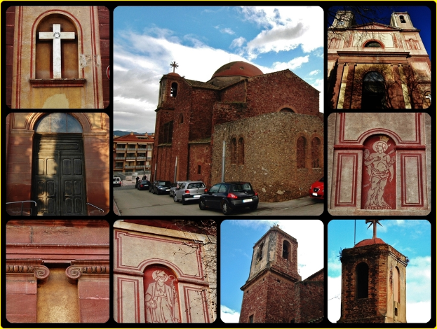 Ein Collage aus neun Bildern, das ein zentrales Gebäude mit parkenden Autos davor, ein Kreuzsymbol oben links, ein weiteres Gebäude oben rechts und zusätzliche Gebäude unten zeigt.