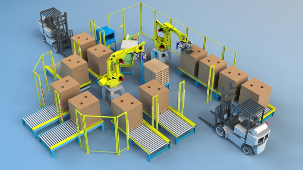Gruppe von automatisierten Robotern, die auf einem Flörband in einem Lager arbeiten und Kartons auf dem Flörband sowie Fahrzeuge auf dem Boden handhaben.