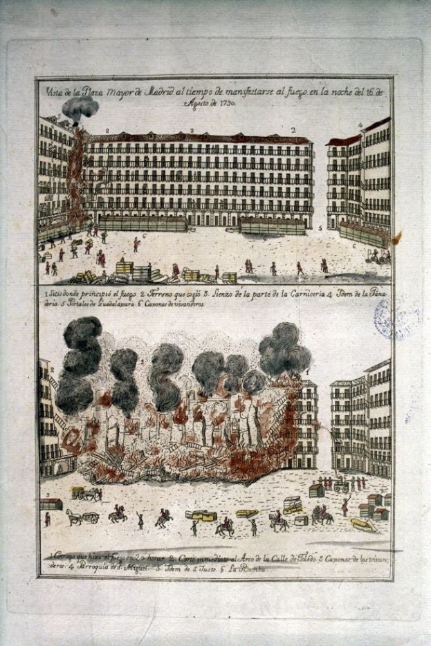 Eine Zeichnung einer Stadtlandschaft mit brennenden und rauchenden Gebäuden, begleitet von verstreuten Bildern von Menschen, Gegenständen und Text auf dem Papier.