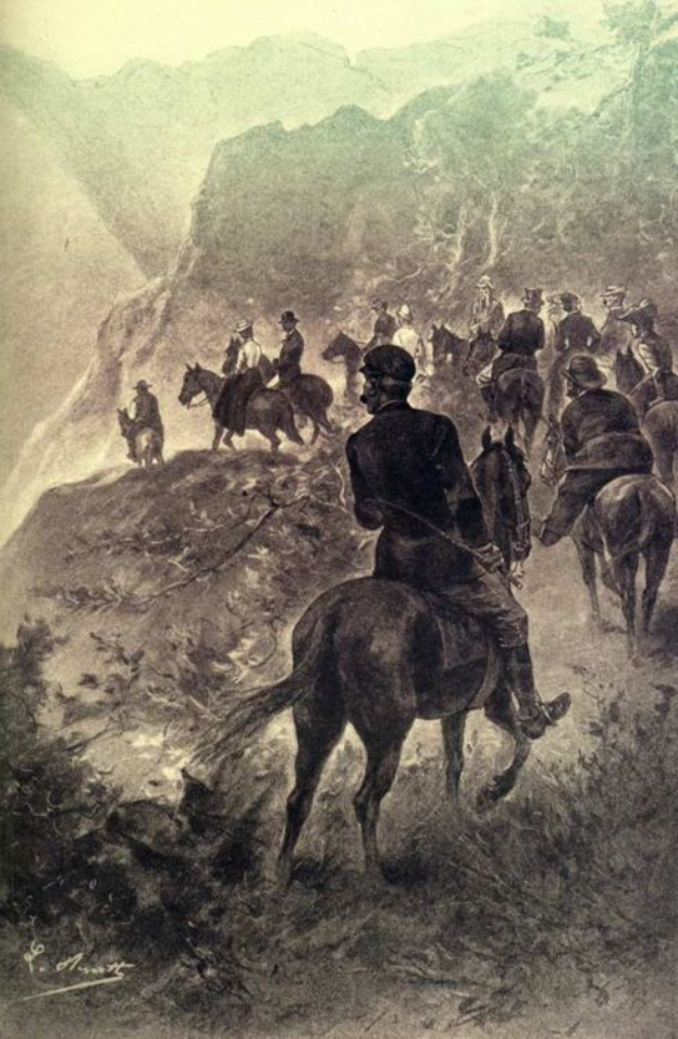 Eine Gruppe von Männern in Uniformen reitet auf Pferden einen Schotterweg entlang während einer Schlacht, wobei einige miteinander kämpfen, umgeben von Hügeln und Bäumen, und der Text "Die Schlacht von Gettysburg" unten, unter einer untergehenden Sonne.