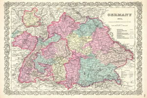 Alte gedruckte Karte von Deutschland, die die Provinzen Bayern, Baden-Württemberg und Baden hervorhebt.