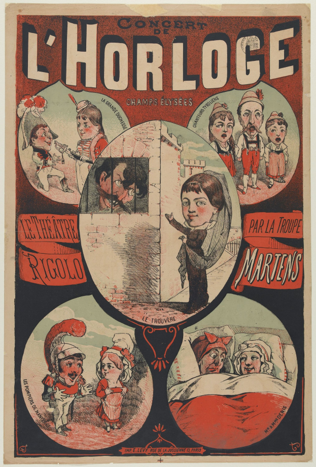 Plakat für ein Konzert im Chorloge Theater in Paris, das eine Gruppe von Menschen in farbenfrohen Kostümen zeigt, umgeben von Text in einer lebhaften Atmosphäre.