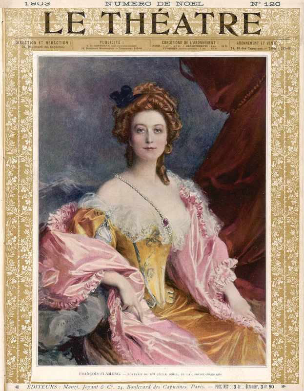 Eine Frau in einem rosafarbenen Kleid mit zurückgebundenem Haar, die direkt in die Kamera schaut, auf dem Cover eines Magazins mit der Aufschrift "Le Theatre".