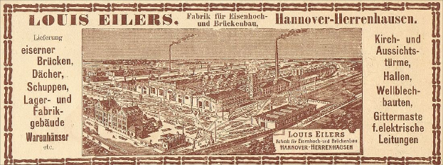 Schwarze und weiße Anzeige für die Louis Eilers Hannover-Herrenhausen-Fabrik, die das Fabrikgebäude mit Textüberlagerung zeigt.