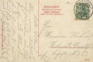 Eine alte Postkarte mit einer Briefmarke, adressiert von Deutschland nach Deutschland, mit der Aufschrift "Postkarte Weltpostverein" und "Union Postale Universelle".