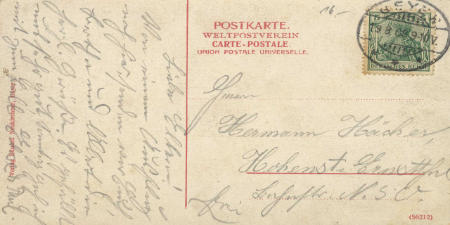 Eine alte Postkarte mit einer Briefmarke, adressiert von Deutschland nach Deutschland, mit der Aufschrift "Postkarte Weltpostverein" und "Union Postale Universelle".