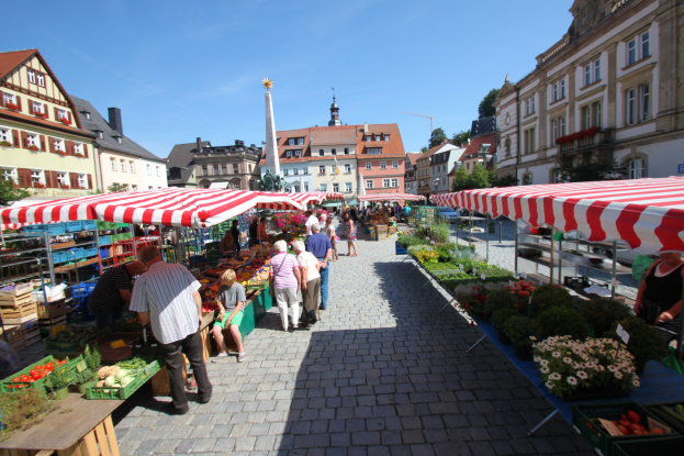 Ein belebter Markt im Heidelberger Altstadt mit Menschen, die spazieren gehen, auf Bänken sitzen und bei Zelten stehen, mit Gemüsekörben auf Tischen, Gebäuden mit Fenstern, Bäumen und einem klaren blauen Himmel.