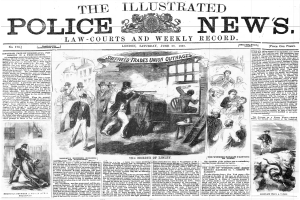 Schwarze und weiße Titelseite der Illustrated Police News von 1867 mit einer zentralen Illustration einer Gruppe von Menschen, "Police News"-Text und einem Logo oben.