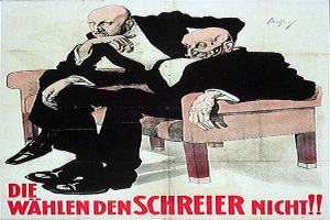 Ein deutscher Propagandaplakat für die NSDAP, das zwei Männer auf einem Sofa sitzend zeigt, mit Text, der Informationen über die Partei enthält.