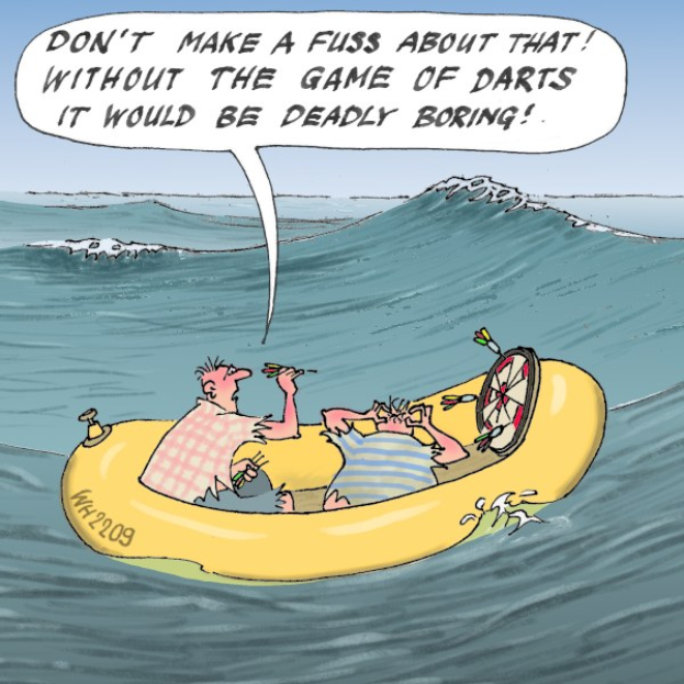 Cartoon of two people in a yellow inflatable boat on water with a speech bubble containing text about a game of darts.
