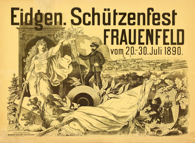Plakat zum Eidgen Schützenfest in Frauenfeld, Deutschland, mit einem Mann im Anzug und einer Frau im Kleid nebeneinander und Ereignisinformationen.