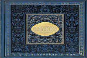 Ein blau-goldenes Buch mit dem Wort "Bayern" darauf, das mit detailreichen Designs verziert ist.