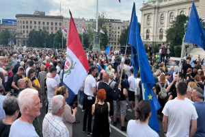 Eine große Gruppe von Menschen steht vor einem Gebäude, hält Fahnen und Kameras, mit Bäumen und Laternen im Hintergrund unter einem bewölkten Himmel, wahrscheinlich protestierend in Budapest, Ungarn.