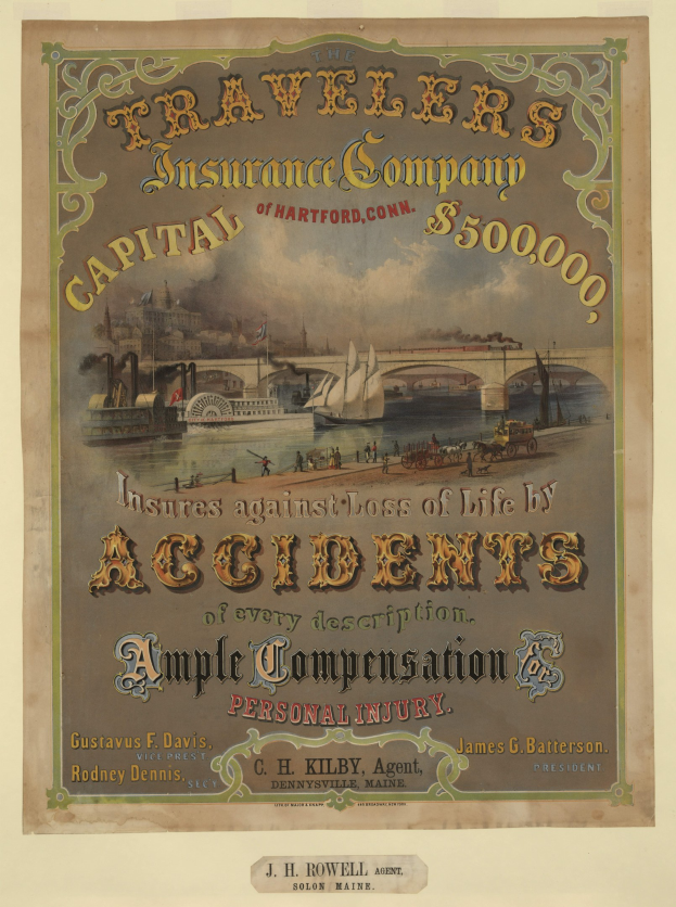 Werbeposter für die Traveler's Insurance Company of Hartford, Connecticut, mit Abbildungen von Booten, einer Brücke und Gebäuden sowie wahrscheinlich werbendem Text für Reiseversicherungsdienstleistungen.