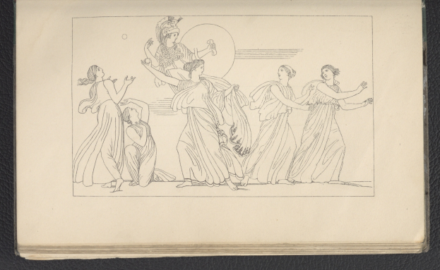 Ein Buchumschlag mit einer leuchtenden Illustration einer Gruppe tanzender Frauen, mit detaillierten Kleidungsstücken und Gesichtern.