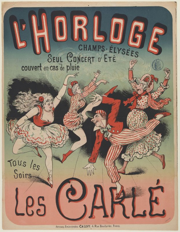 Ein lebendiges Konzertplakat für ein Event im Chorlage in Paris, Frankreich, mit einer Gruppe von Menschen, die in bunten Kostümen tanzen und strahlende Gesichter haben, vor einem kräftigen gelben Hintergrund mit umgebendem Text.