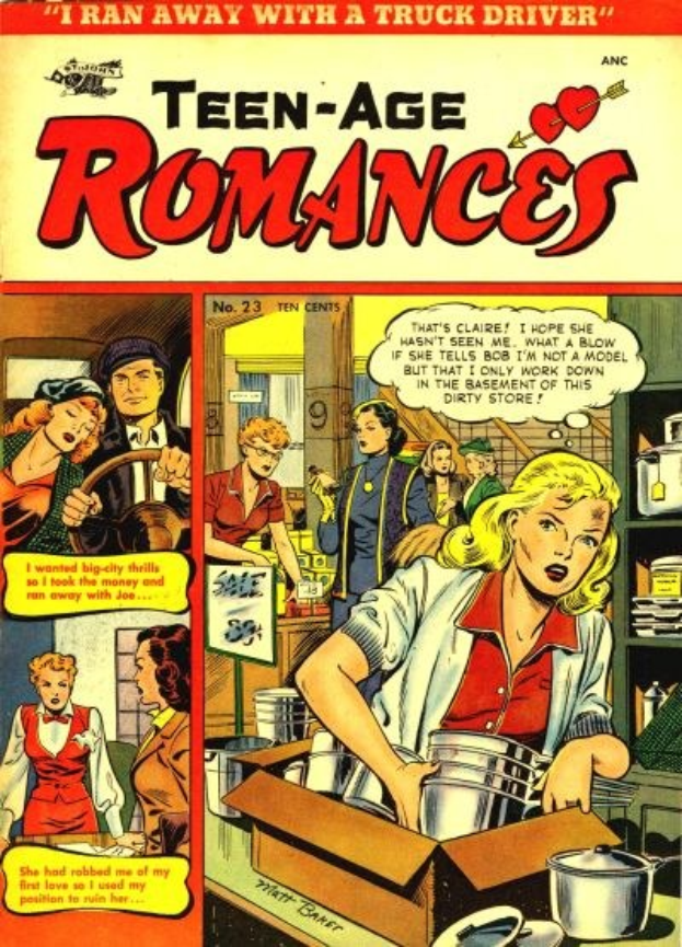 Ein DC-Comics-Plakat mit der Aufschrift "Teen-Age Romances 23-A", das eine Gruppe von Menschen in einer romantischen Umarmung zeigt, die lächeln und sich in die Augen sehen, mit fetter Schrift oben drauf.