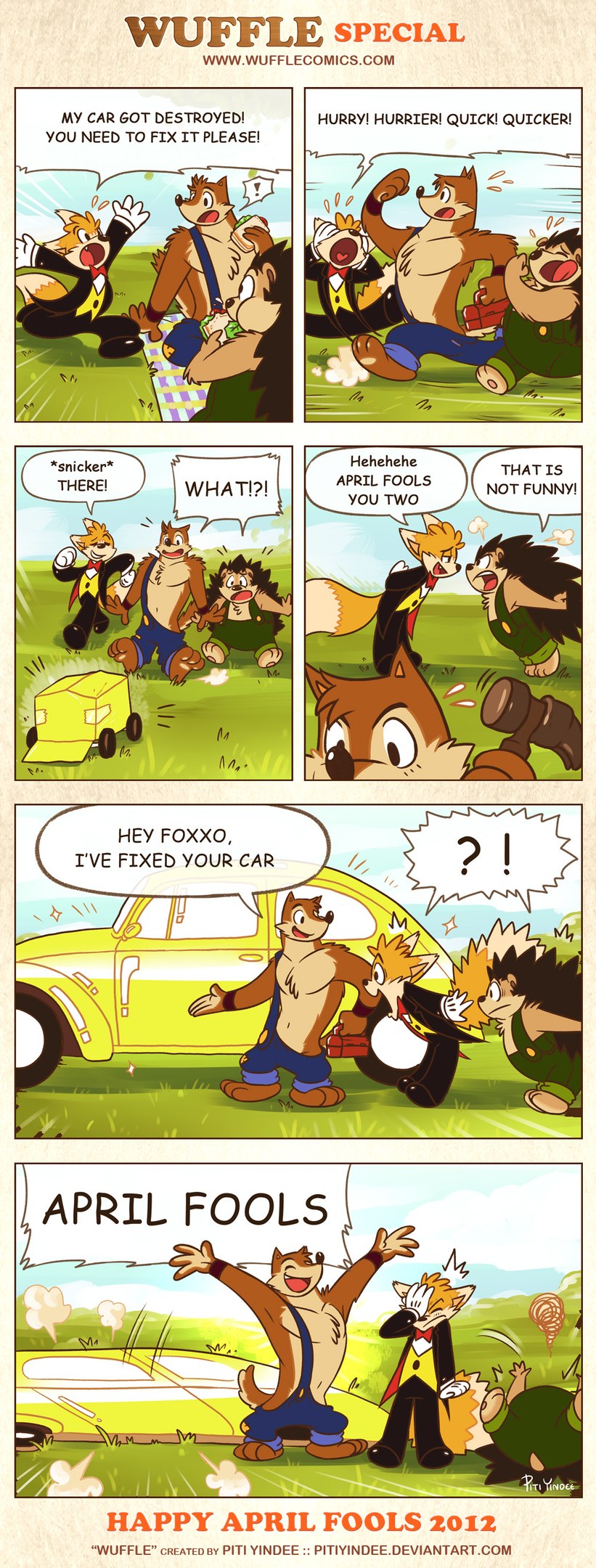 Comic-Streifen-Plakat mit der Überschrift "Aprilscherz", das einen Cartoon-Mann und eine Cartoon-Frau in einem Gespräch vor einem hellblauen Himmel mit weißen Wolken zeigt, wobei der Mann mit den Händen gestikuliert.