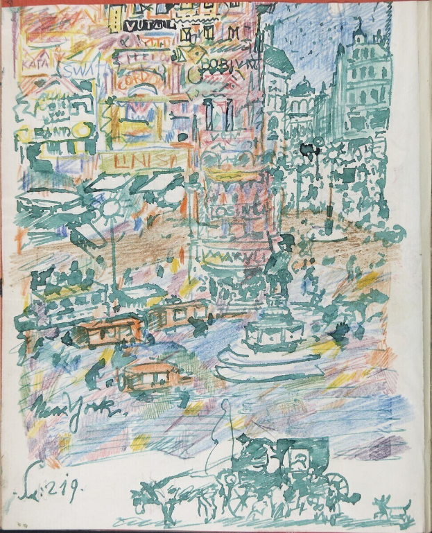 Ein Buchumschlag mit einer detaillierten Illustration einer belebten Stadtlandschaft mit Gebäuden, Fahrzeugen, Menschen und einem Brunnen neben etwas Text.