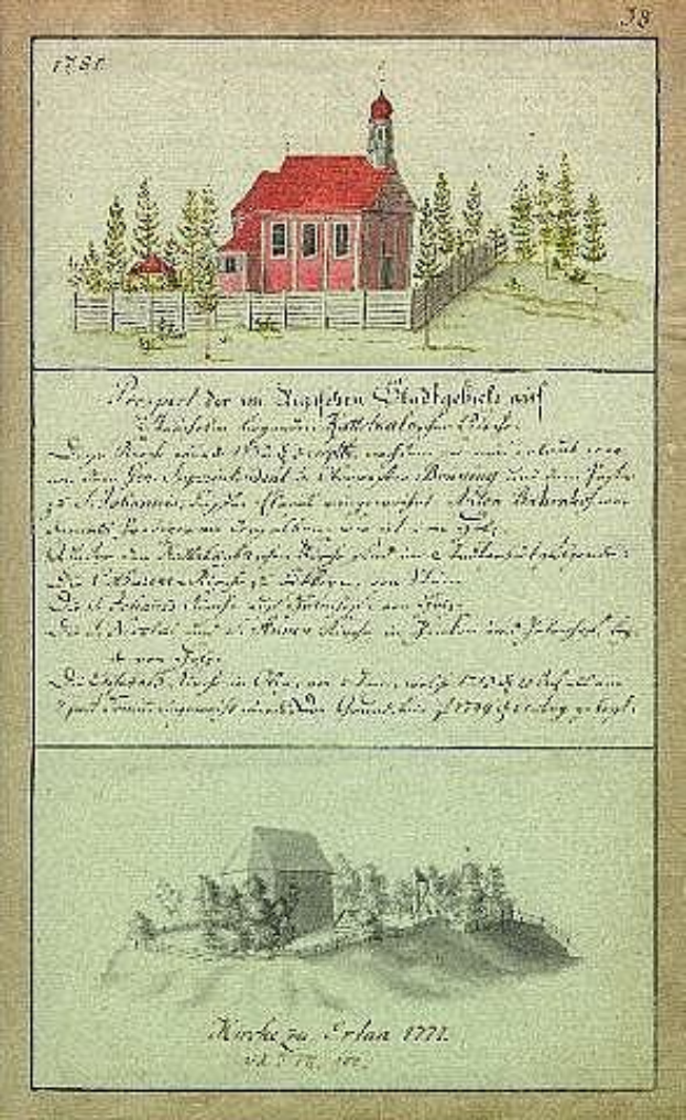 Ein altes Buch mit einer Zeichnung eines roten Hauses umgeben von Bäumen und einem Zaun, betitelt mit "Deutsche Schule in den Niederlanden, 1777".
