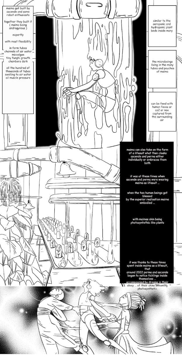 Comicseite mit zwei Charakteren in einem Raum, der Mann in einem blauen Hemd mit entschlossener Miene und die Frau, die bewundernd zu ihm aufschaut, vor einem tiefblauen sternenklaren Hintergrund.