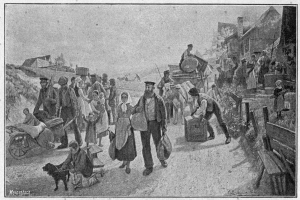 Eine Gruppe von Menschen, einige mit Taschen und einer auf einem Pferdewagen, geht über einen Schotterweg mit einem Hund, Häusern im Hintergrund und Text unten: "Deutsche Flüchtlinge in Deutschland".