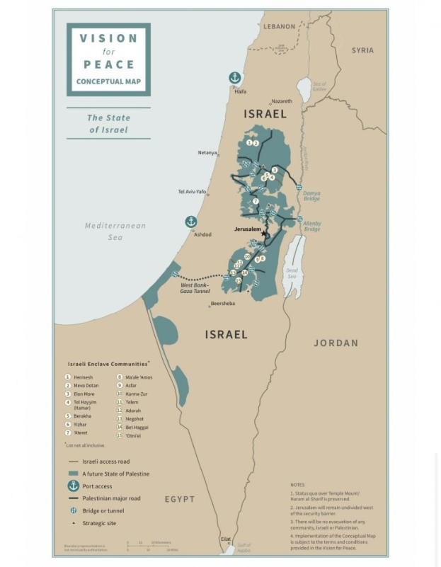 Plakat mit der Aufschrift "Vision für Frieden-Konzeptkarte", das eine farbcodierte Karte Israels mit fetter schwarzer Schrift zeigt.